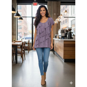 AGB Purple Ruffle Short Sleeve sz XL blouse stretch business casual